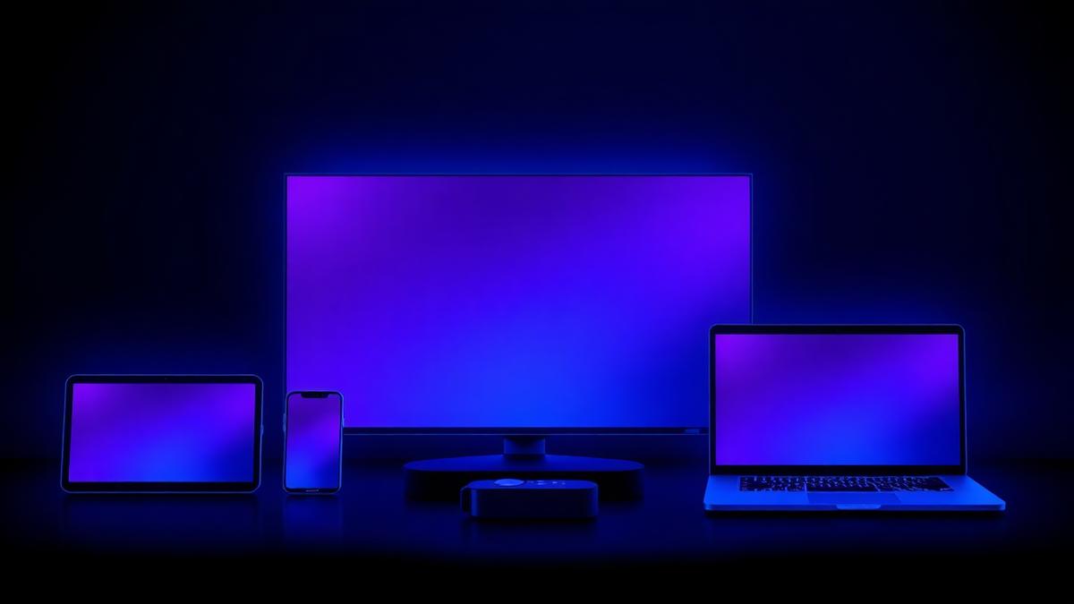 Smart TV, tablet, smartphone, streaming box and laptop glowing with blue and purple light on a dark background