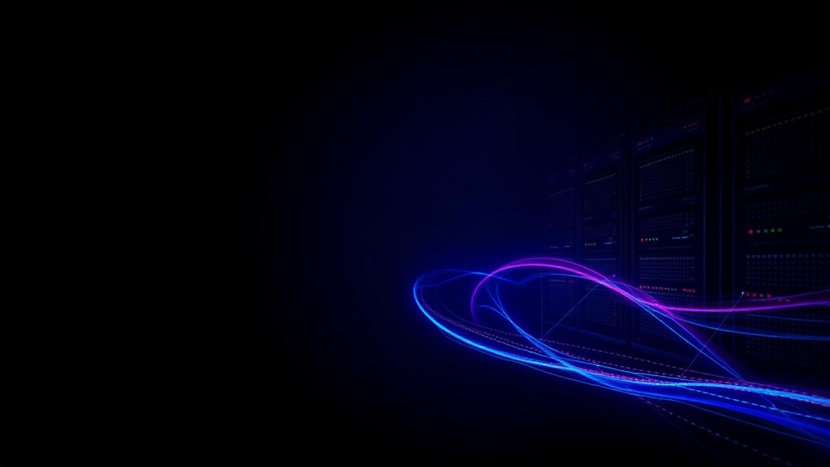 Abstract streaming server infrastructure with blue and purple light trails on a dark navy background